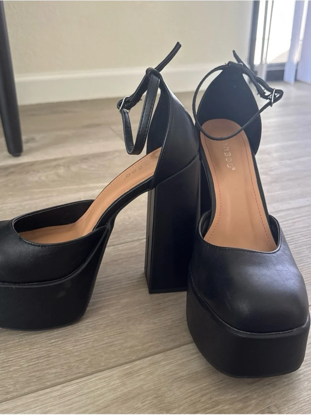 BAMBOO Black Platform Block Heel Ankle Strap Pumps